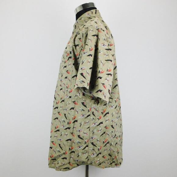 Columbia Tan Fishing Lures Cotton Short Sleeve Button-Up Mens Large Shirt - Picture 3 of 5